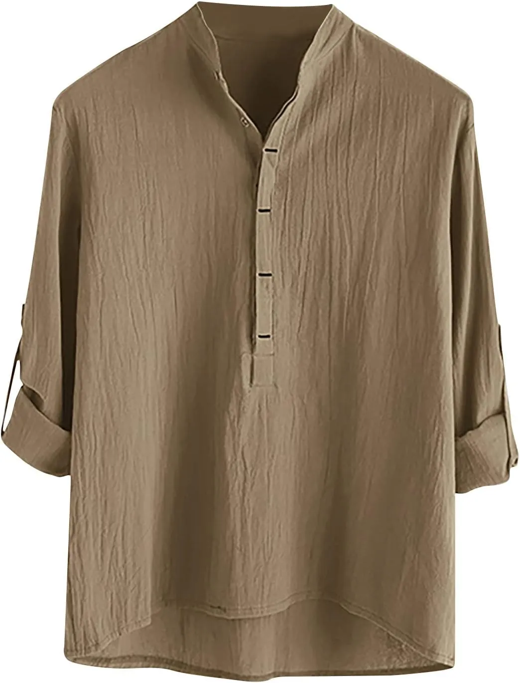 Linen T Shirts for Men Long Sleeve Band Collar Solid Dress Shirt Loose Textured Summer 2025 Basic Cotton Blouses Top