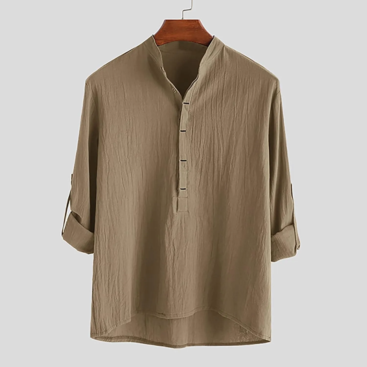 Linen T Shirts for Men Long Sleeve Band Collar Solid Dress Shirt Loose Textured Summer 2025 Basic Cotton Blouses Top