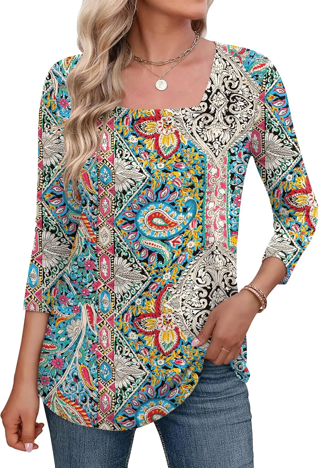 LOMON Women's 3/4 Sleeve Shirts Square Neck Summer Tops Dressy Casual Basic Tees Ladies T Shirts Blouses