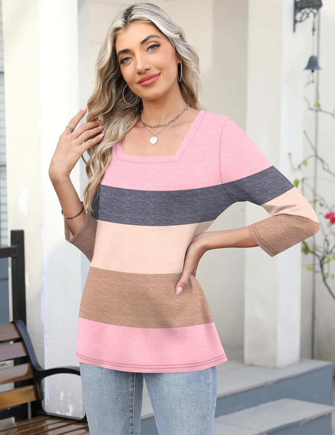 LOMON Women's 3/4 Sleeve Shirts Square Neck Summer Tops Dressy Casual Basic Tees Ladies T Shirts Blouses