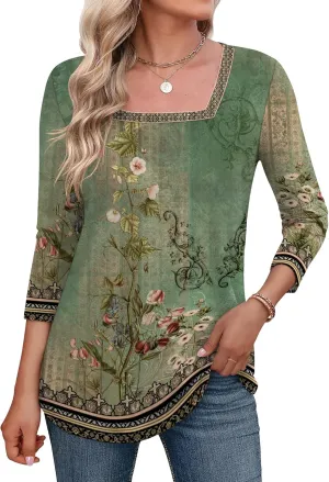 LOMON Women's 3/4 Sleeve Shirts Square Neck Summer Tops Dressy Casual Basic Tees Ladies T Shirts Blouses