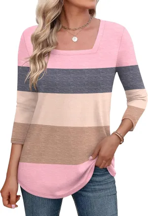 LOMON Women's 3/4 Sleeve Shirts Square Neck Summer Tops Dressy Casual Basic Tees Ladies T Shirts Blouses