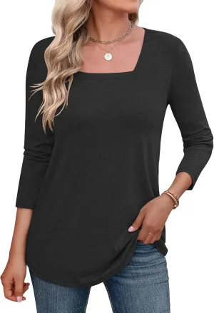 LOMON Women's 3/4 Sleeve Shirts Square Neck Summer Tops Dressy Casual Basic Tees Ladies T Shirts Blouses