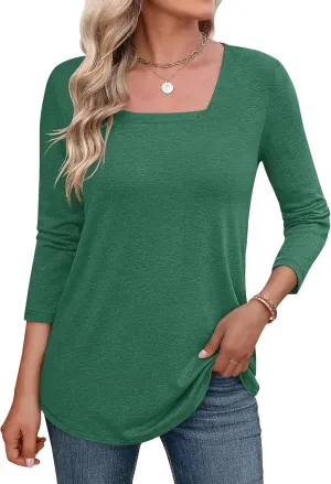 LOMON Women's 3/4 Sleeve Shirts Square Neck Summer Tops Dressy Casual Basic Tees Ladies T Shirts Blouses