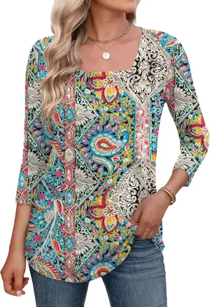 LOMON Women's 3/4 Sleeve Shirts Square Neck Summer Tops Dressy Casual Basic Tees Ladies T Shirts Blouses