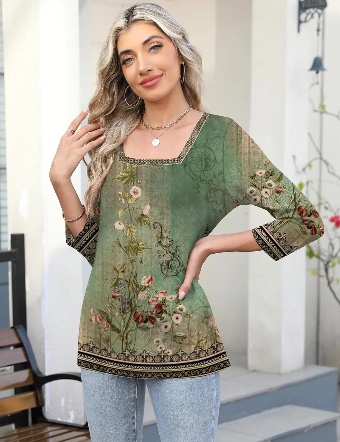 LOMON Women's 3/4 Sleeve Shirts Square Neck Summer Tops Dressy Casual Basic Tees Ladies T Shirts Blouses