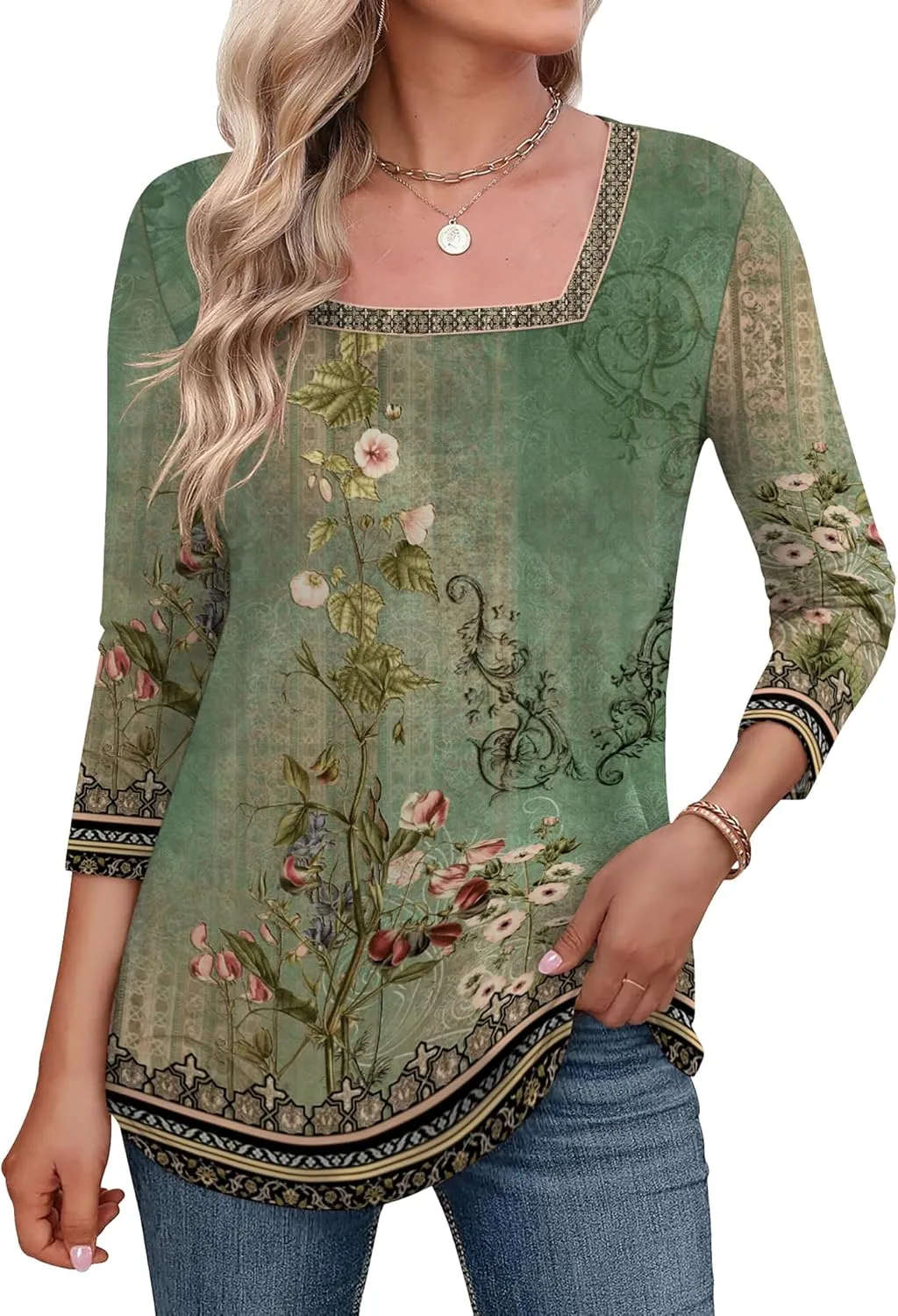 LOMON Women's 3/4 Sleeve Shirts Square Neck Summer Tops Dressy Casual Basic Tees Ladies T Shirts Blouses