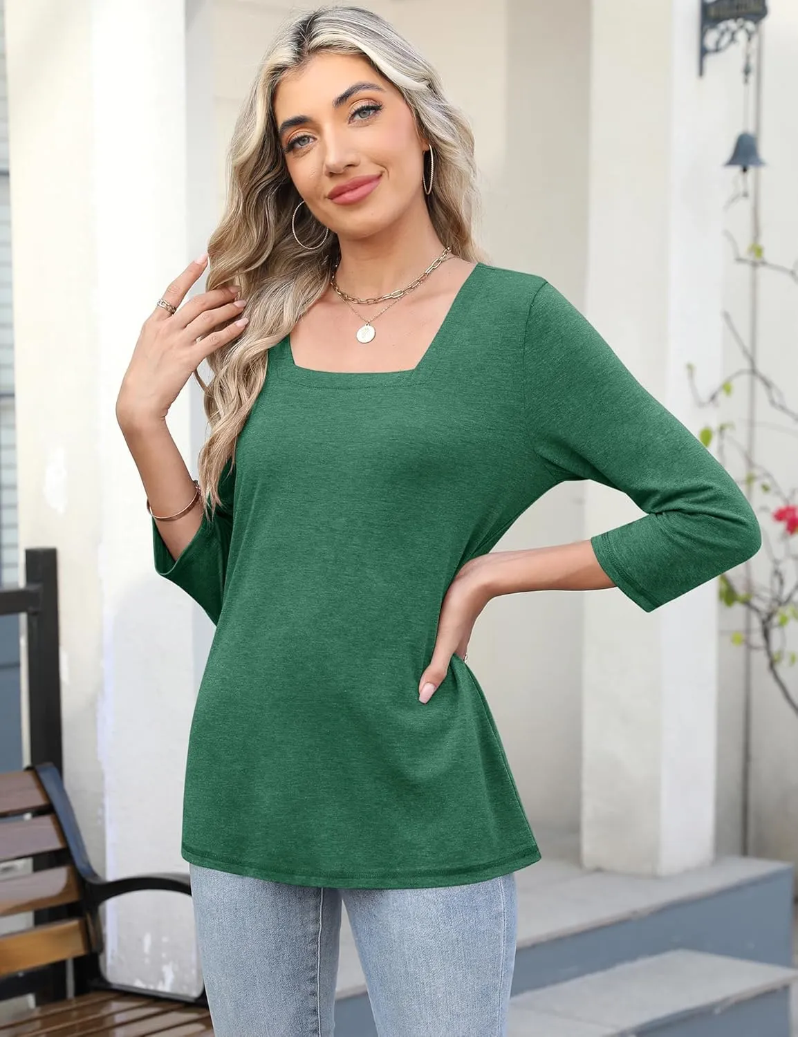 LOMON Women's 3/4 Sleeve Shirts Square Neck Summer Tops Dressy Casual Basic Tees Ladies T Shirts Blouses