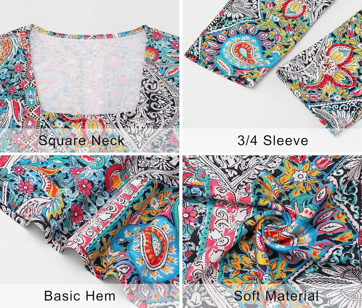 LOMON Women's 3/4 Sleeve Shirts Square Neck Summer Tops Dressy Casual Basic Tees Ladies T Shirts Blouses