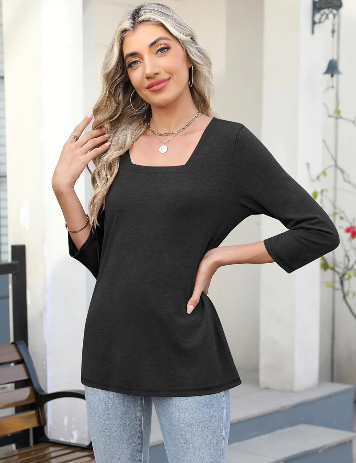 LOMON Women's 3/4 Sleeve Shirts Square Neck Summer Tops Dressy Casual Basic Tees Ladies T Shirts Blouses