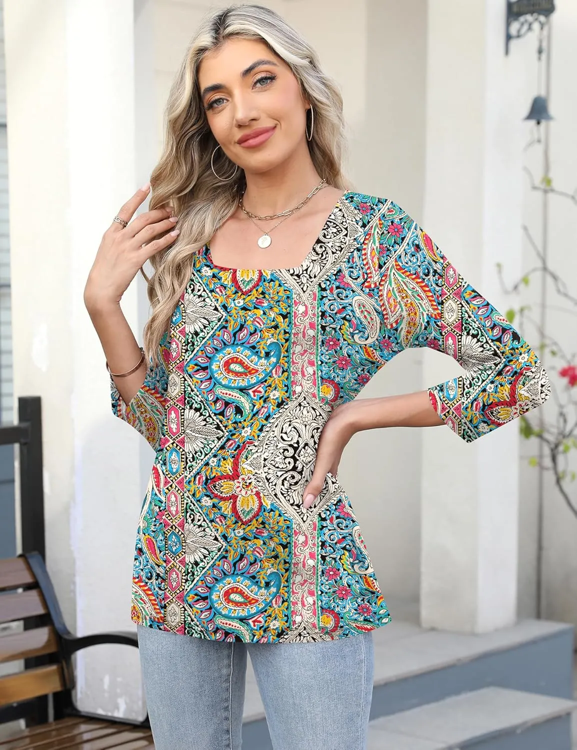 LOMON Women's 3/4 Sleeve Shirts Square Neck Summer Tops Dressy Casual Basic Tees Ladies T Shirts Blouses