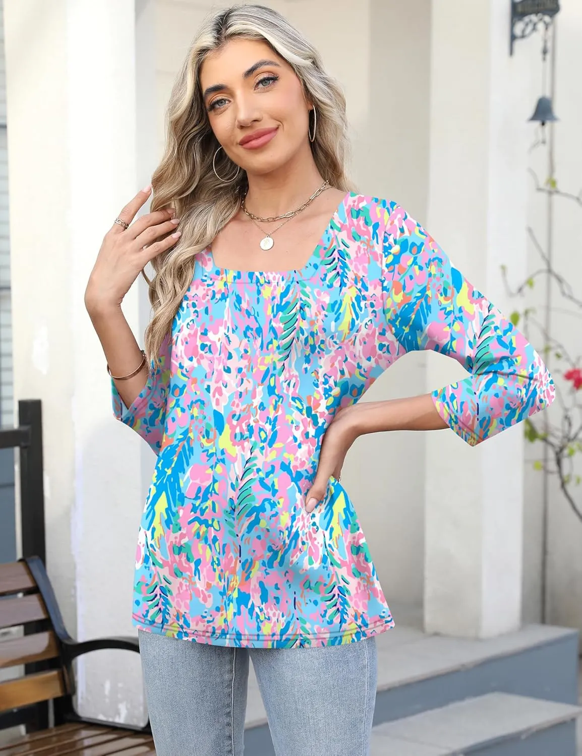 LOMON Women's 3/4 Sleeve Shirts Square Neck Summer Tops Dressy Casual Basic Tees Ladies T Shirts Blouses