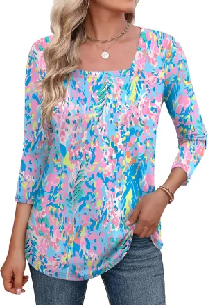 LOMON Women's 3/4 Sleeve Shirts Square Neck Summer Tops Dressy Casual Basic Tees Ladies T Shirts Blouses