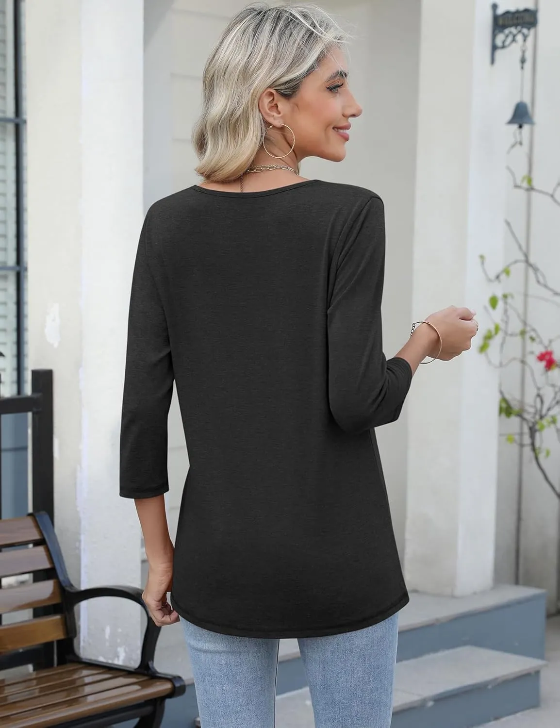 LOMON Women's 3/4 Sleeve Shirts Square Neck Summer Tops Dressy Casual Basic Tees Ladies T Shirts Blouses