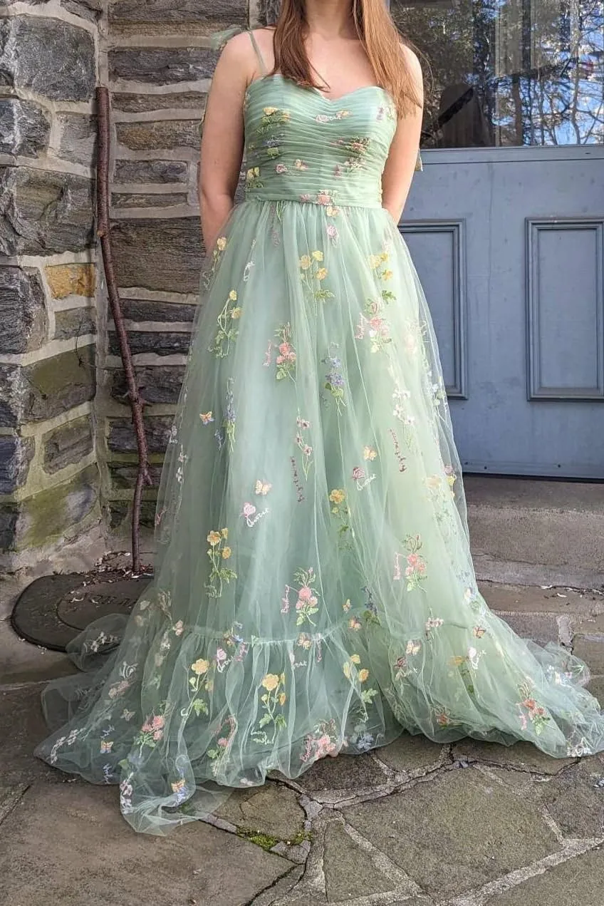 Long Flower Tulle Prom Dresses 2024 Spaghetti Straps Ball Gowns for Women WD204