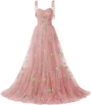 Long Flower Tulle Prom Dresses 2024 Spaghetti Straps Ball Gowns for Women WD204