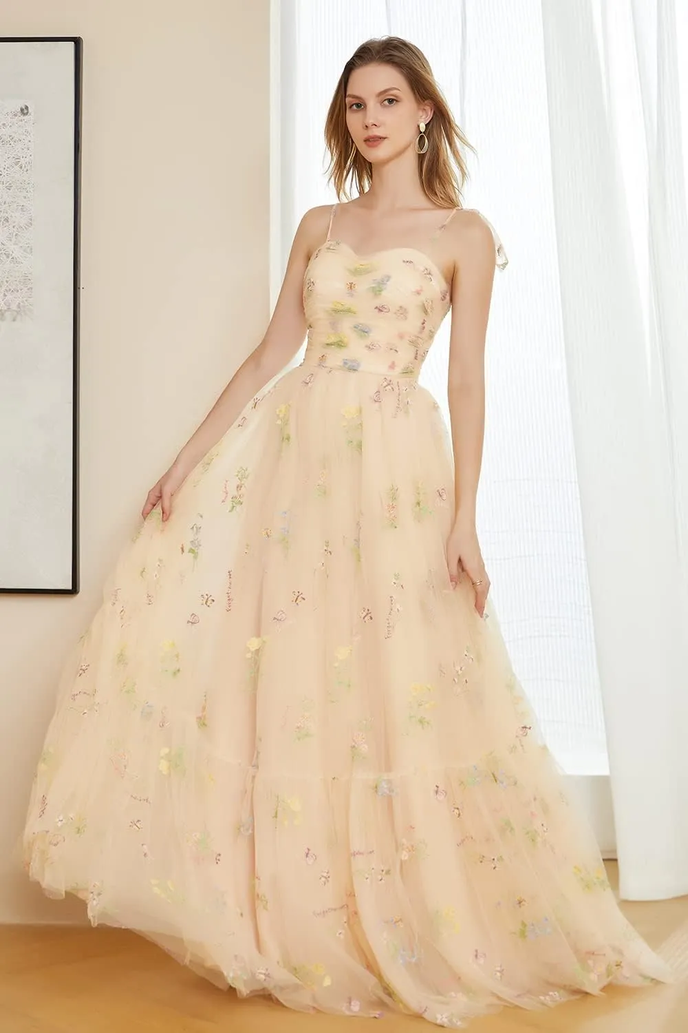 Long Flower Tulle Prom Dresses 2024 Spaghetti Straps Ball Gowns for Women WD204