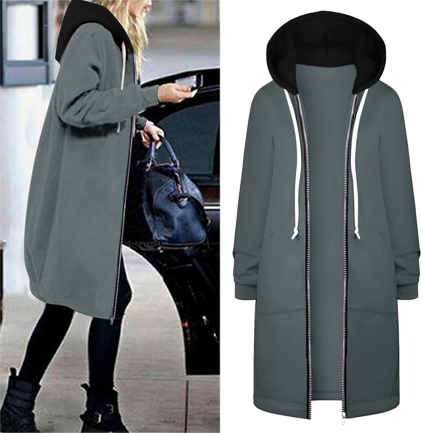 Long Hoodie for Women Zip Up Drawstring Fleece Warm Oversized Sweatshirt Jackets Fall Winter Open Front Cardigan Coat