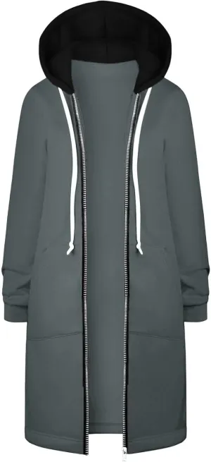 Long Hoodie for Women Zip Up Drawstring Fleece Warm Oversized Sweatshirt Jackets Fall Winter Open Front Cardigan Coat