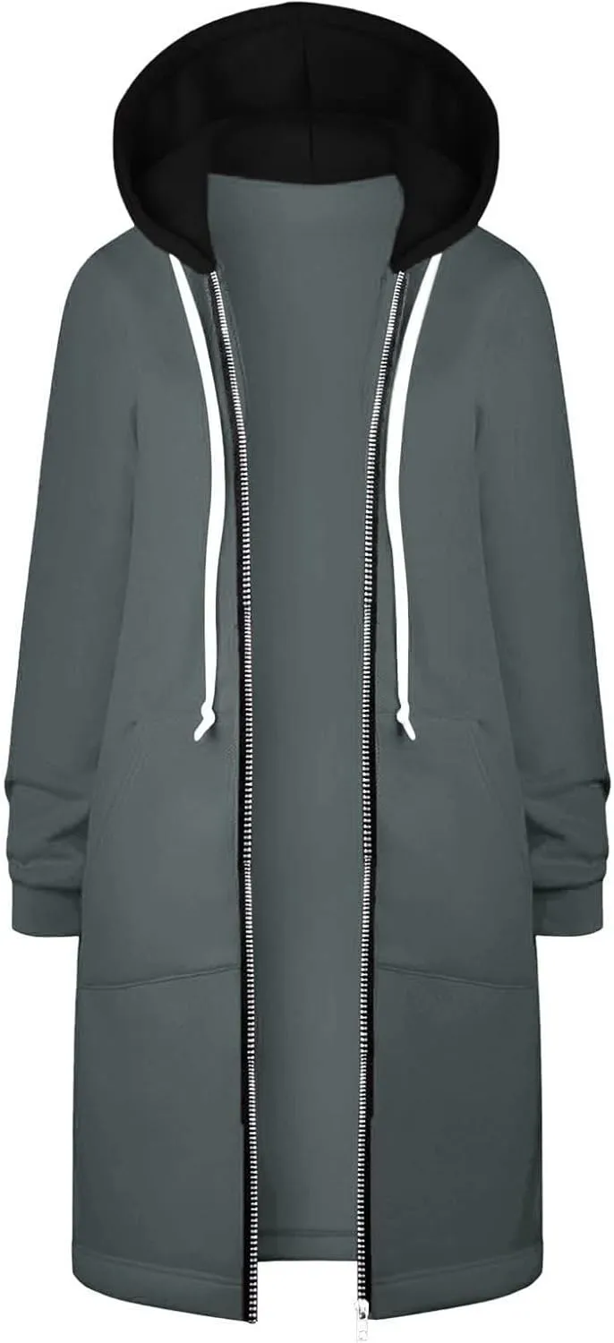 Long Hoodie for Women Zip Up Drawstring Fleece Warm Oversized Sweatshirt Jackets Fall Winter Open Front Cardigan Coat