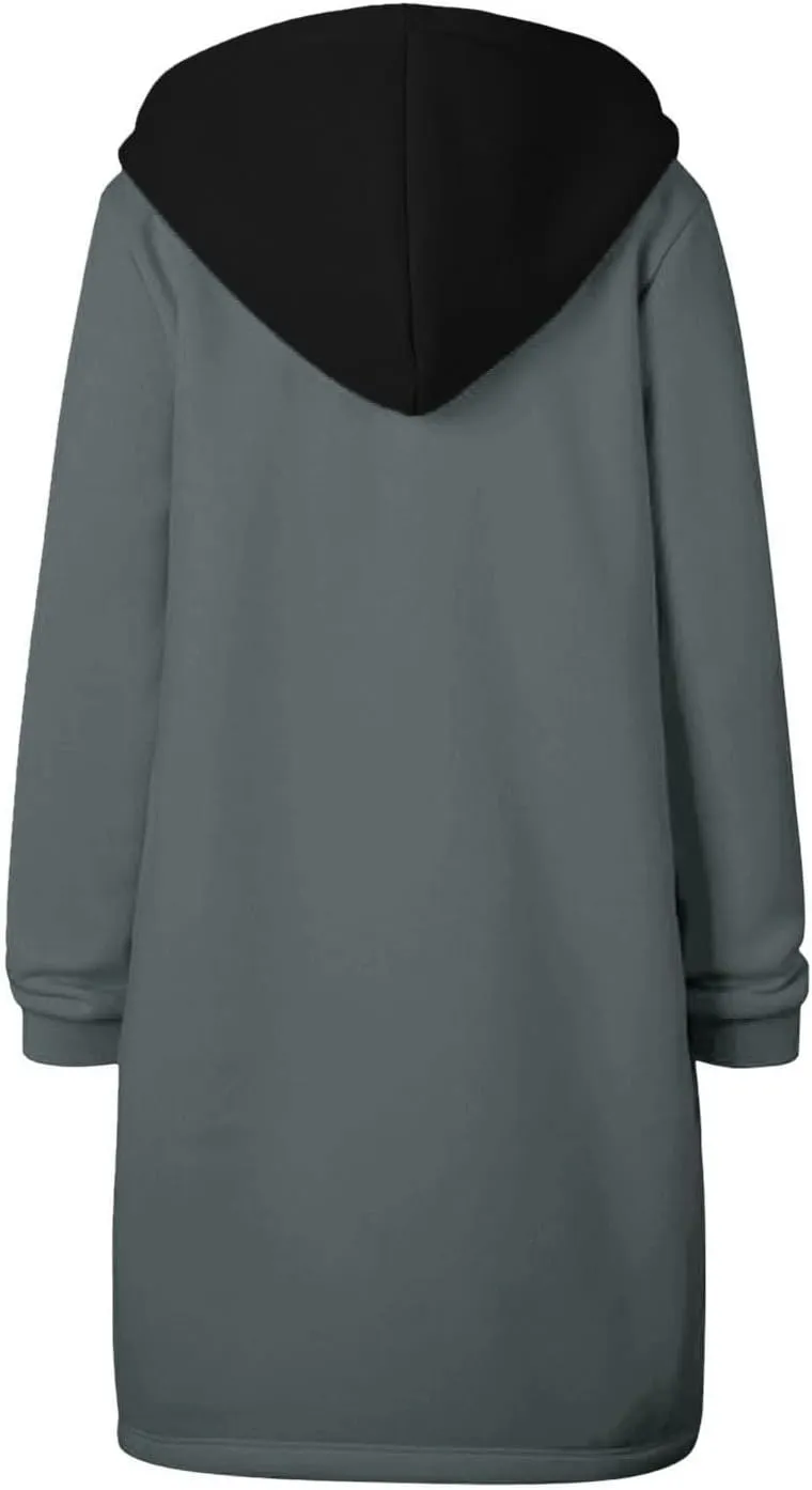 Long Hoodie for Women Zip Up Drawstring Fleece Warm Oversized Sweatshirt Jackets Fall Winter Open Front Cardigan Coat