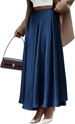 Long Skirts for Women 2025 Summer Vacation Satin Elastic High Waisted A Line Slip Skirt Elegant Work Office Flowy Maxi Skirt