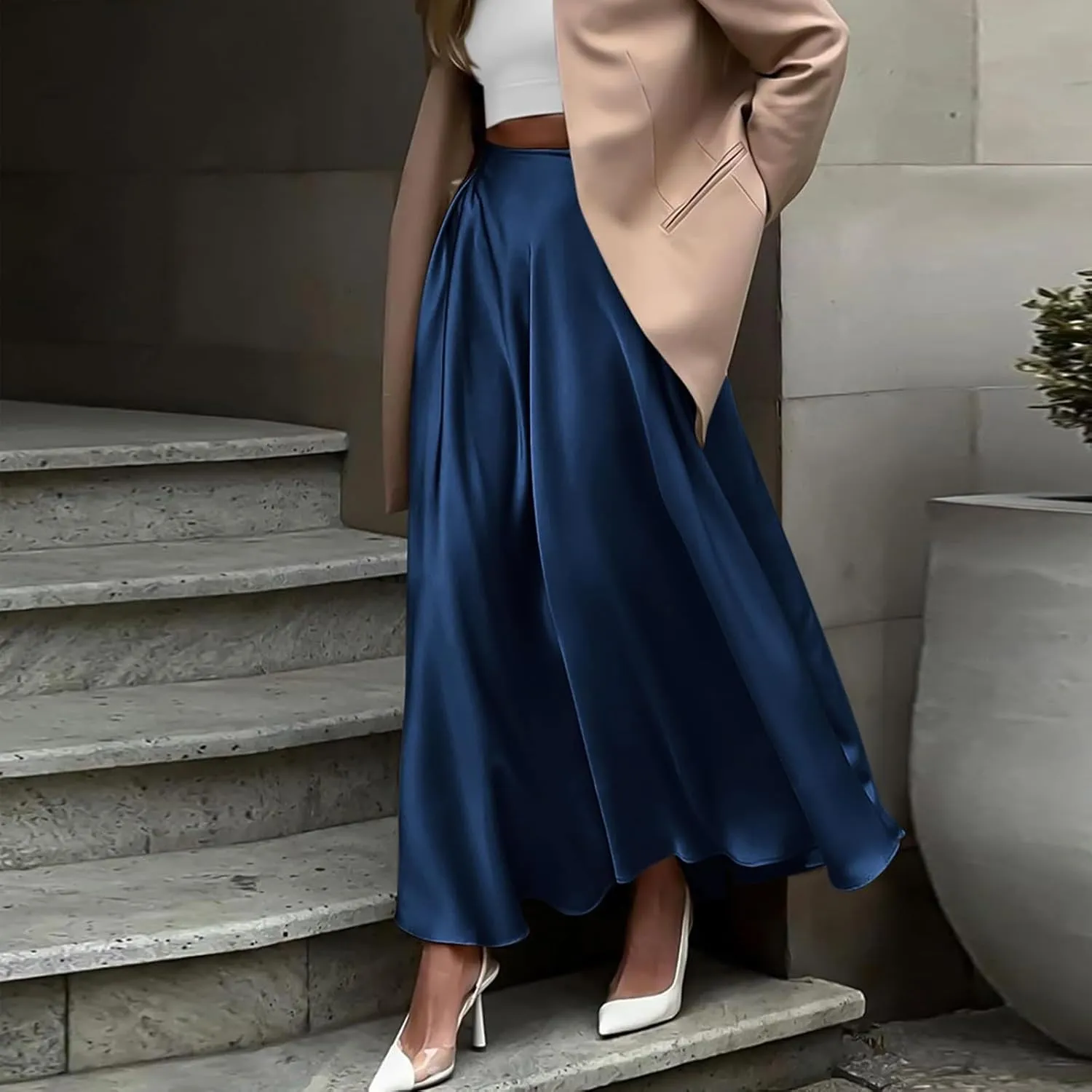 Long Skirts for Women 2025 Summer Vacation Satin Elastic High Waisted A Line Slip Skirt Elegant Work Office Flowy Maxi Skirt