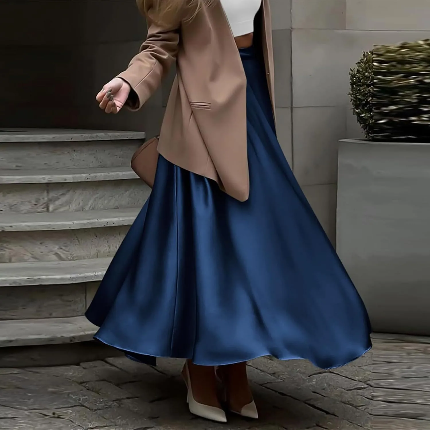 Long Skirts for Women 2025 Summer Vacation Satin Elastic High Waisted A Line Slip Skirt Elegant Work Office Flowy Maxi Skirt