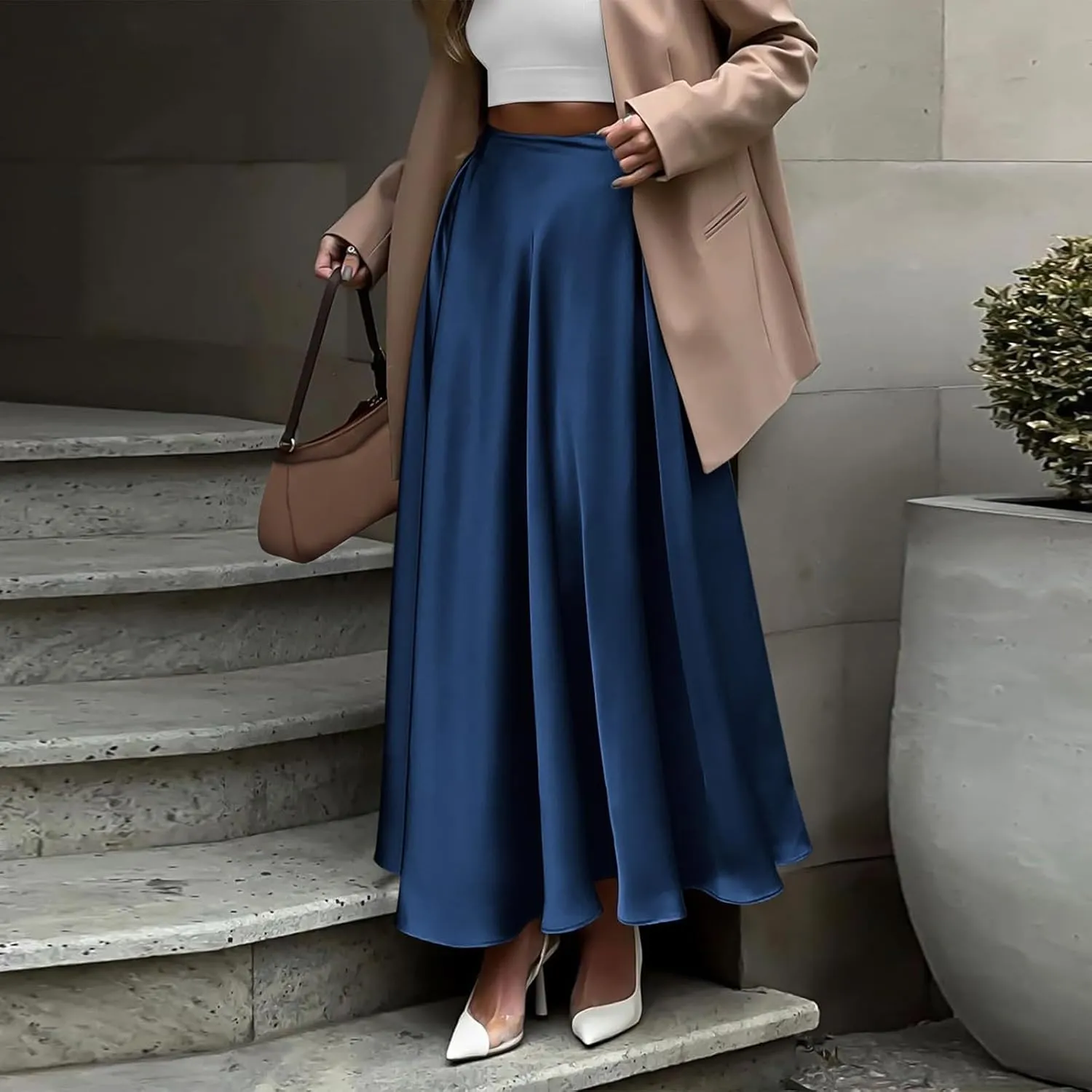 Long Skirts for Women 2025 Summer Vacation Satin Elastic High Waisted A Line Slip Skirt Elegant Work Office Flowy Maxi Skirt