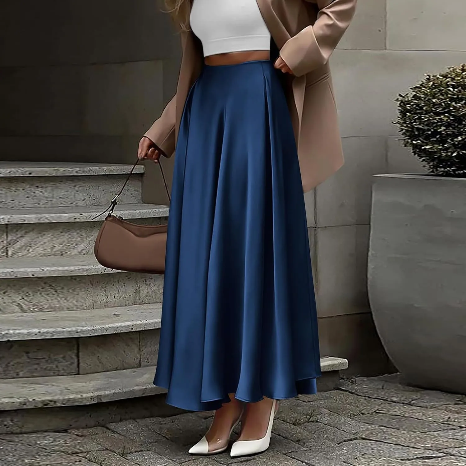 Long Skirts for Women 2025 Summer Vacation Satin Elastic High Waisted A Line Slip Skirt Elegant Work Office Flowy Maxi Skirt
