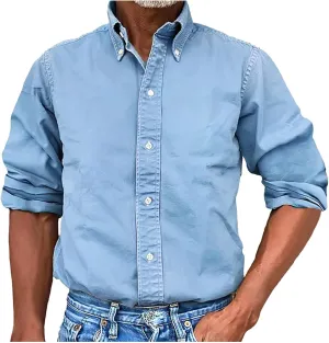 Long Sleeve T Shirt for Men Casual Button Down Lapel Neck Tee Shirt Plus Size Loose Fit Solid Business Dress Shirts