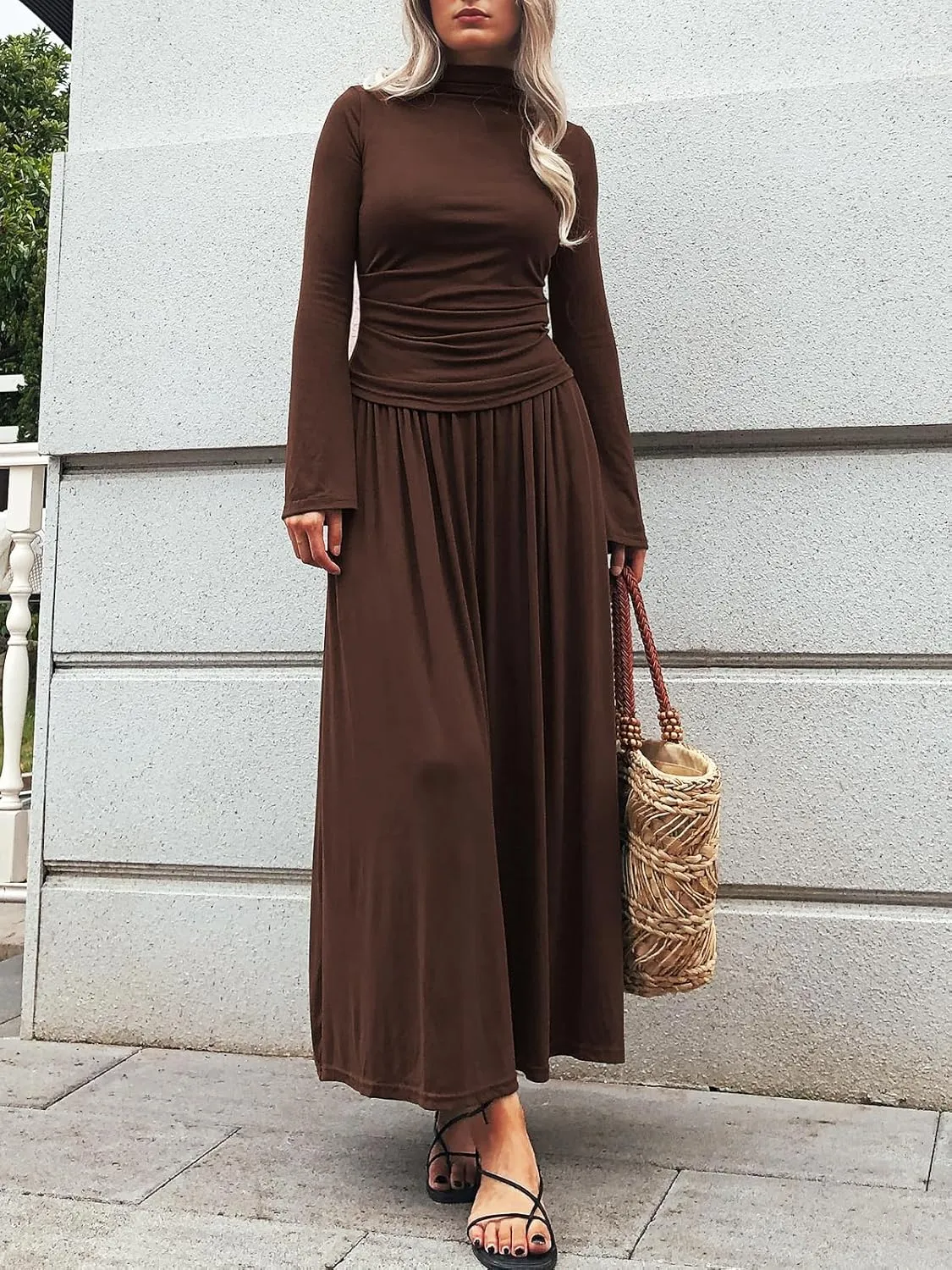 Long Sleeve Two Pieces Skirt Sets Women 2 Piece Outfits Casual Mock Neck Tops Swing Maxi Skirts Sets with Pockets