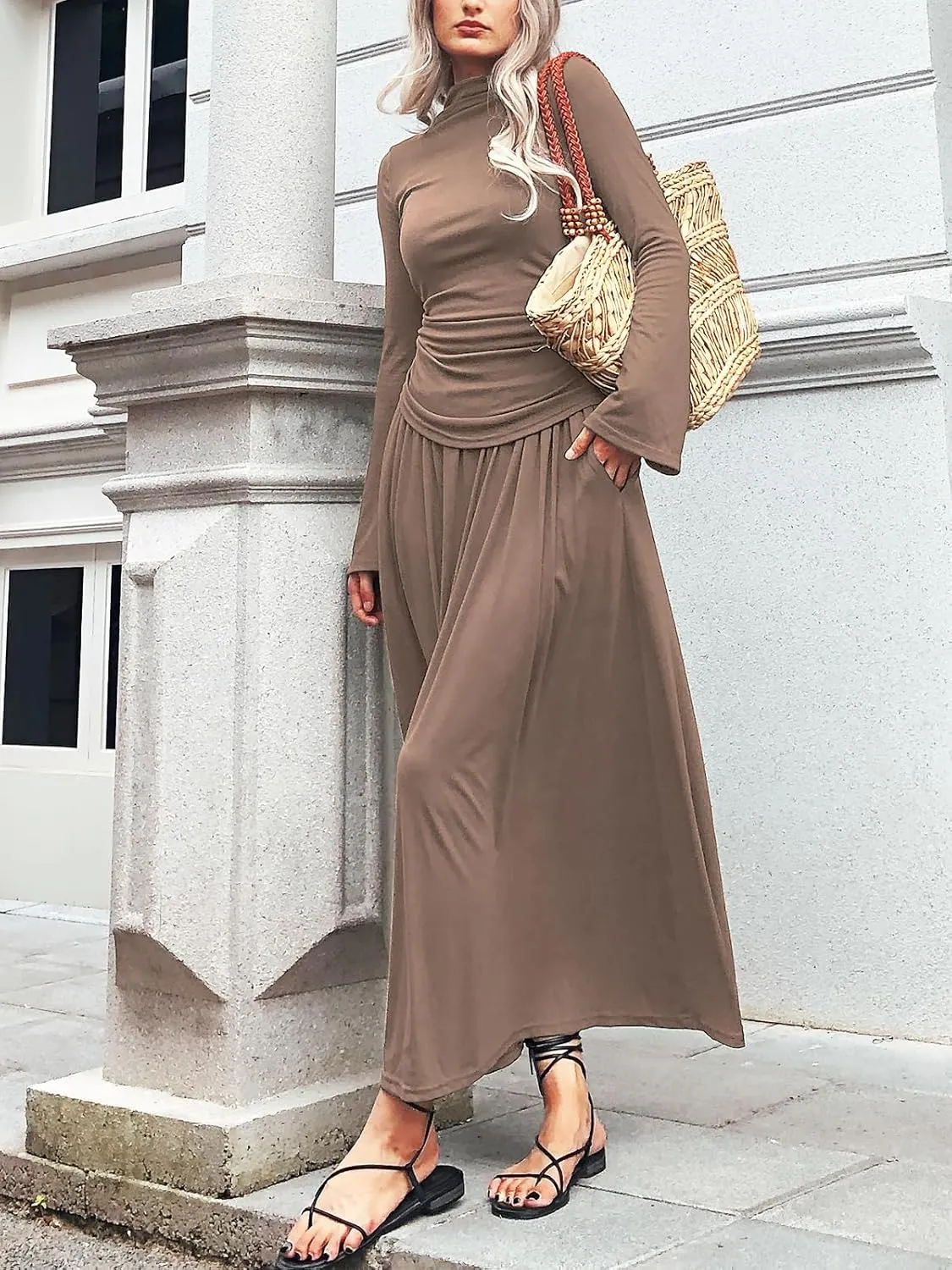 Long Sleeve Two Pieces Skirt Sets Women 2 Piece Outfits Casual Mock Neck Tops Swing Maxi Skirts Sets with Pockets