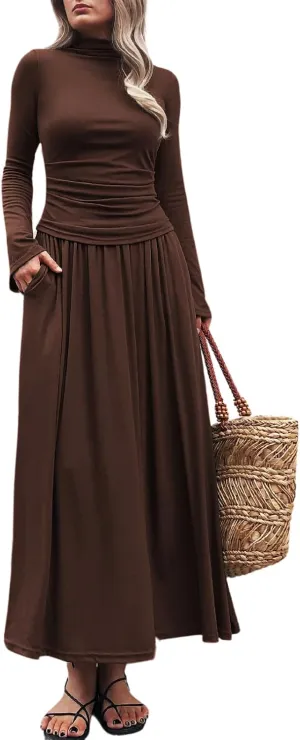 Long Sleeve Two Pieces Skirt Sets Women 2 Piece Outfits Casual Mock Neck Tops Swing Maxi Skirts Sets with Pockets