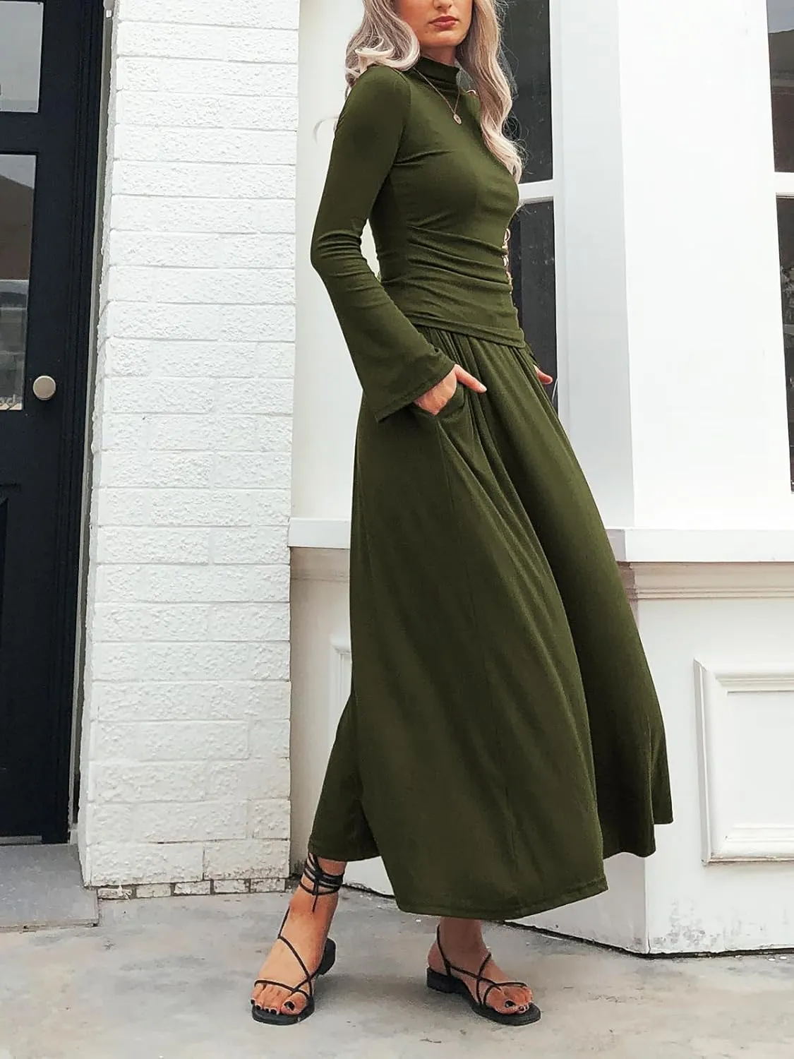Long Sleeve Two Pieces Skirt Sets Women 2 Piece Outfits Casual Mock Neck Tops Swing Maxi Skirts Sets with Pockets