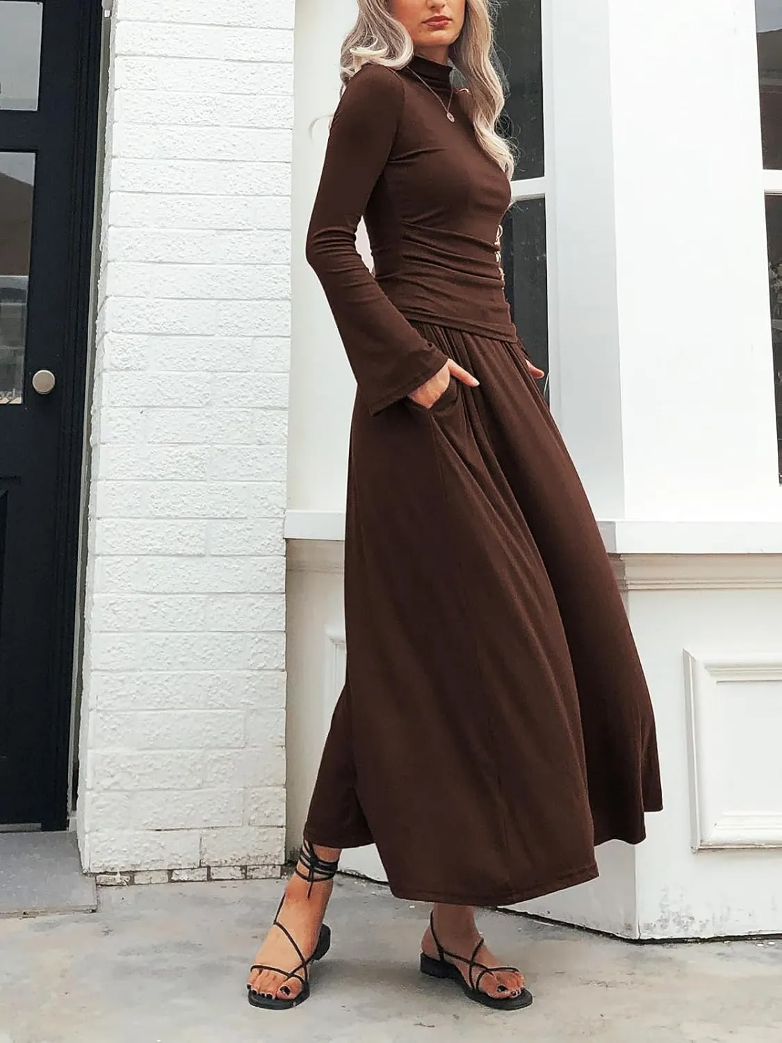 Long Sleeve Two Pieces Skirt Sets Women 2 Piece Outfits Casual Mock Neck Tops Swing Maxi Skirts Sets with Pockets