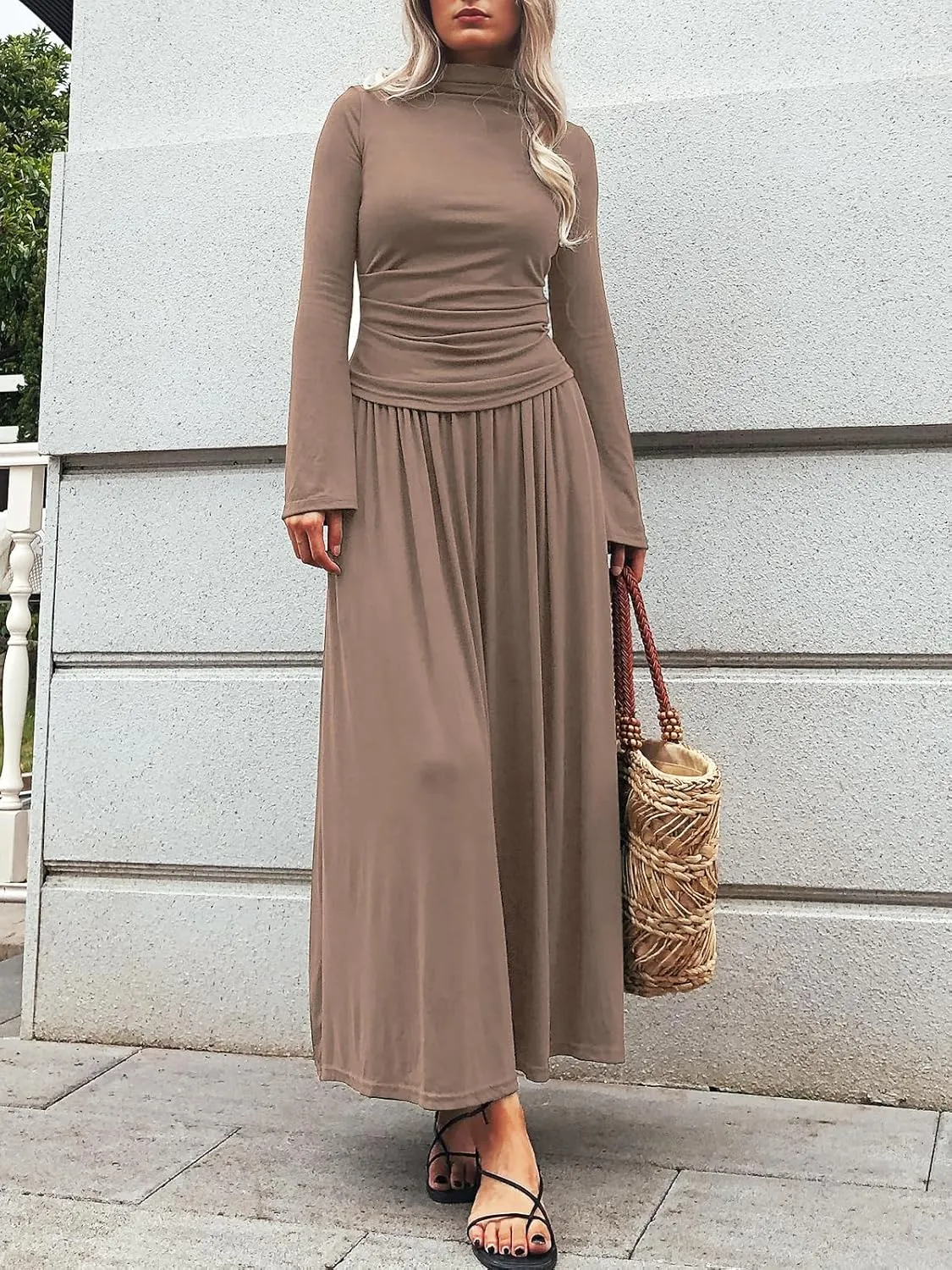Long Sleeve Two Pieces Skirt Sets Women 2 Piece Outfits Casual Mock Neck Tops Swing Maxi Skirts Sets with Pockets