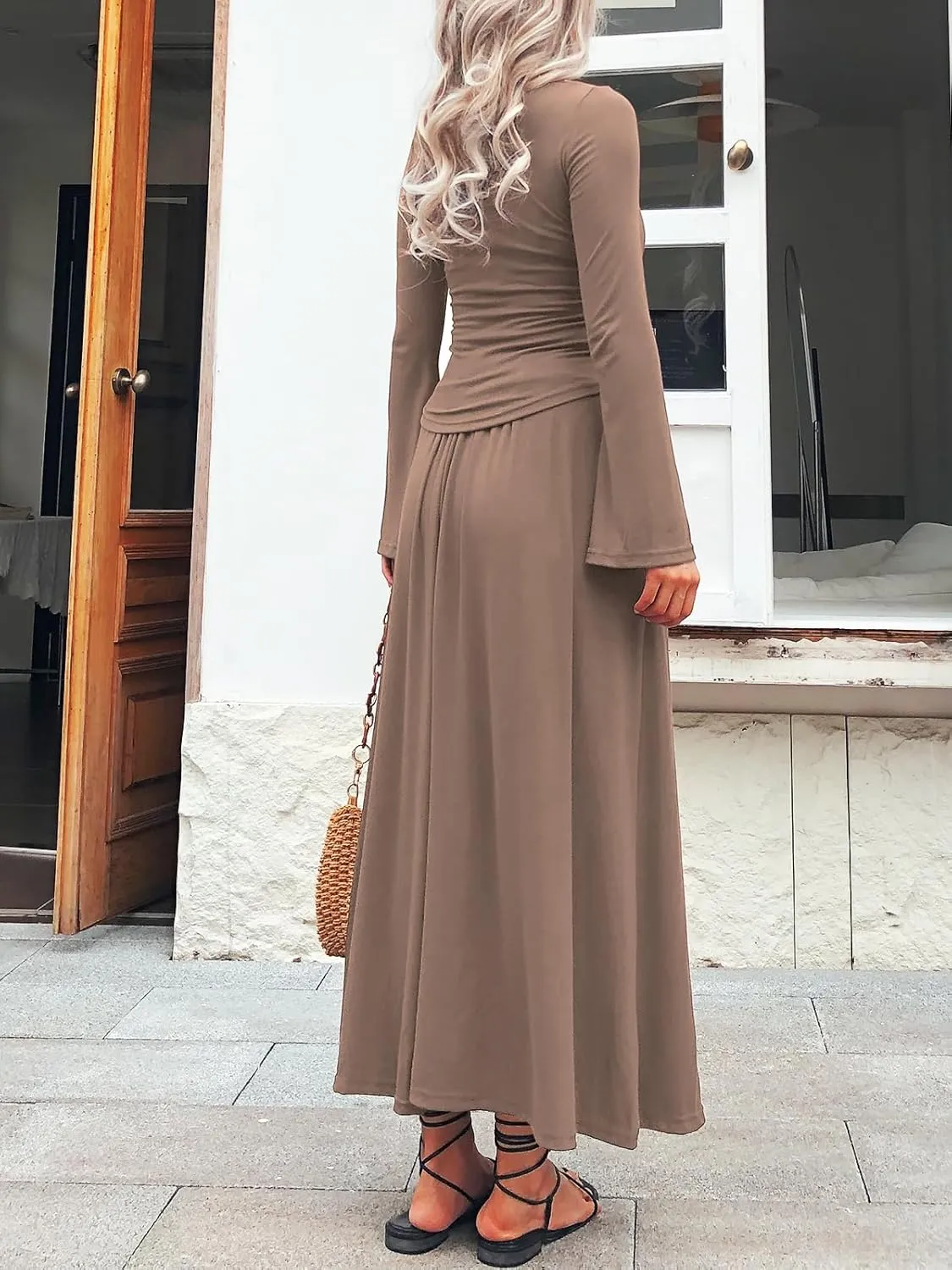 Long Sleeve Two Pieces Skirt Sets Women 2 Piece Outfits Casual Mock Neck Tops Swing Maxi Skirts Sets with Pockets