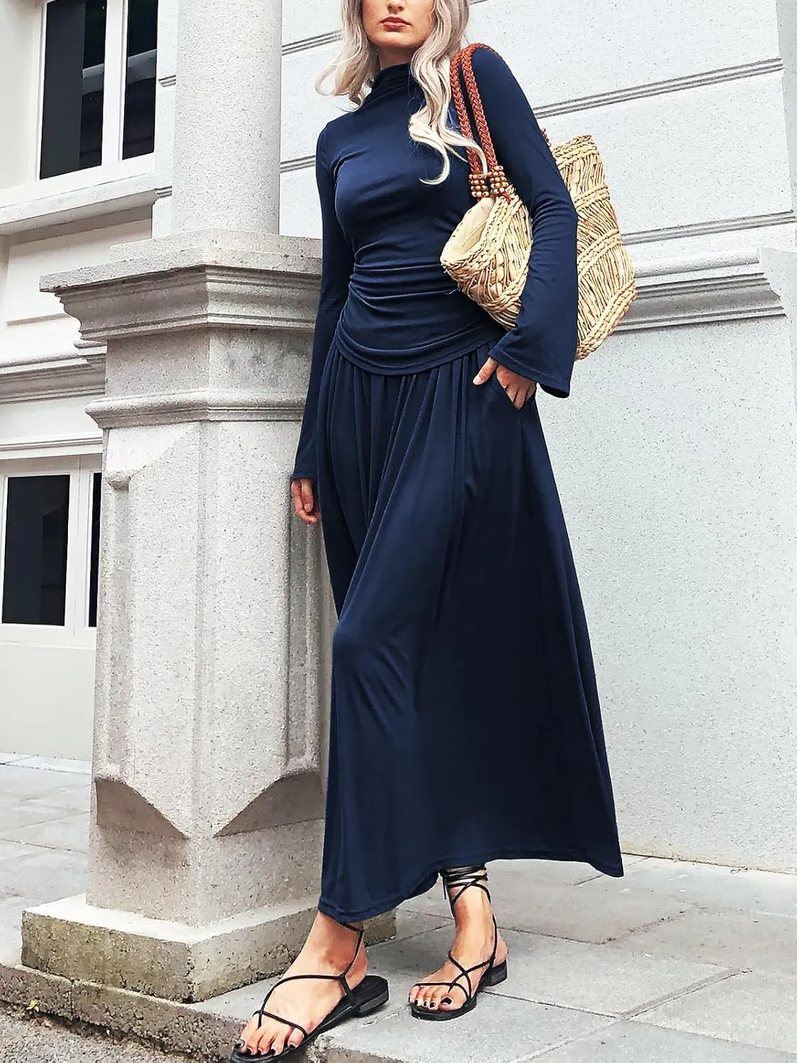 Long Sleeve Two Pieces Skirt Sets Women 2 Piece Outfits Casual Mock Neck Tops Swing Maxi Skirts Sets with Pockets