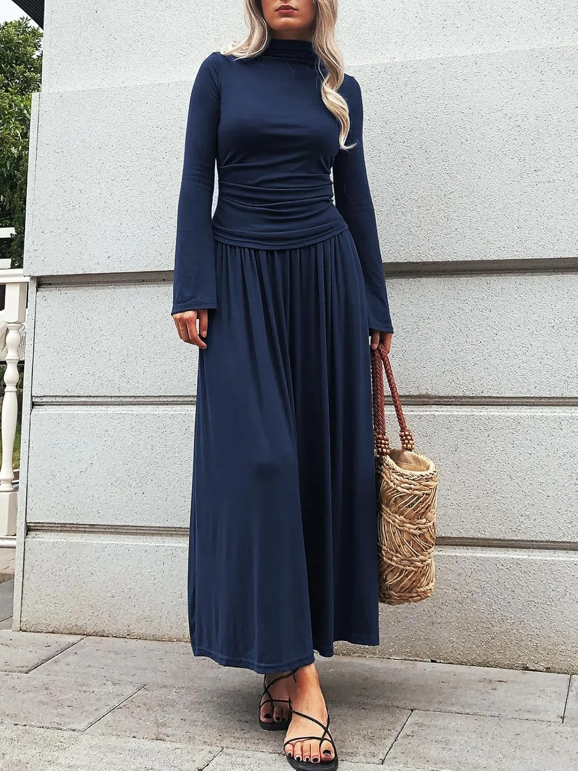 Long Sleeve Two Pieces Skirt Sets Women 2 Piece Outfits Casual Mock Neck Tops Swing Maxi Skirts Sets with Pockets