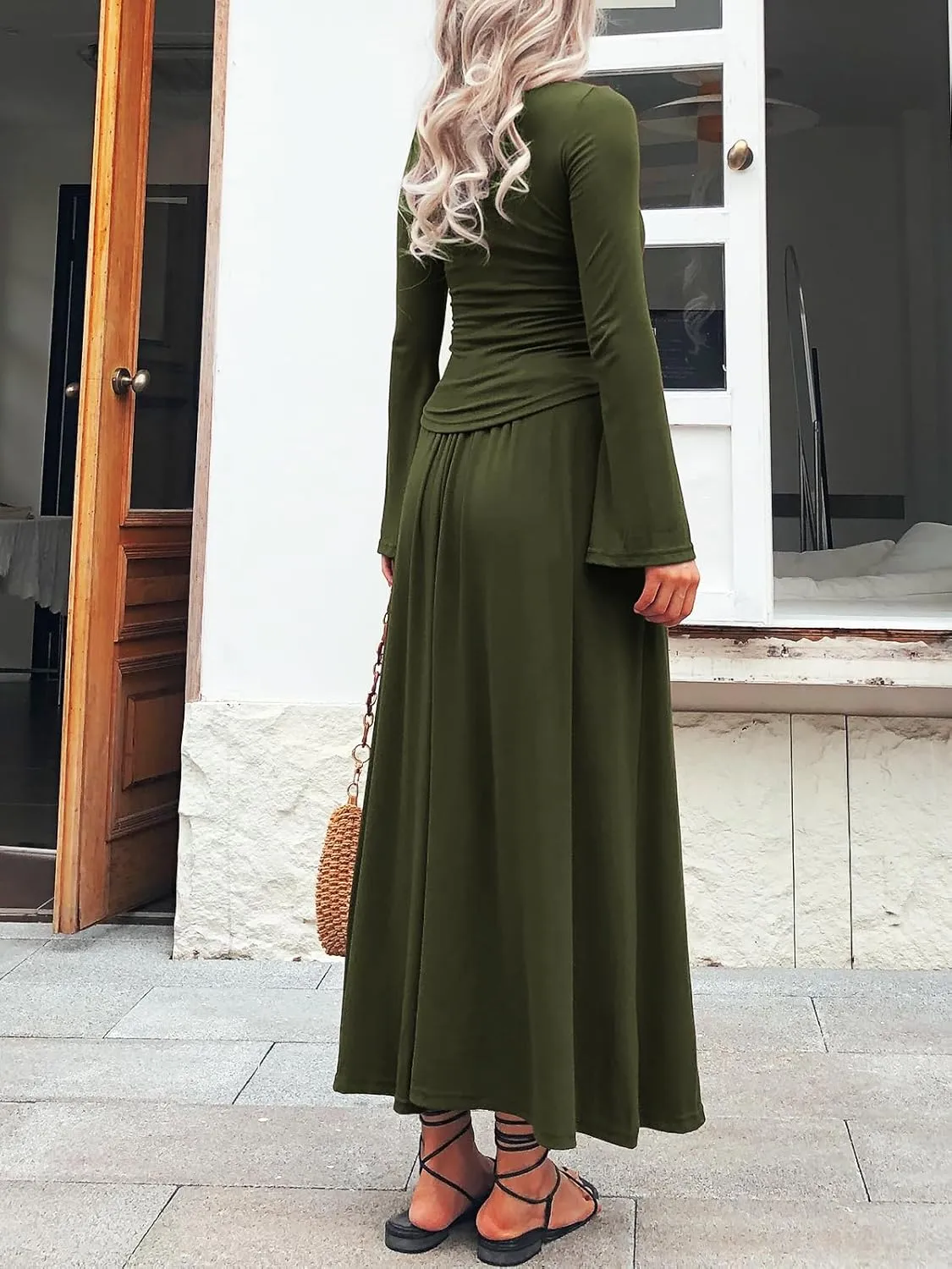 Long Sleeve Two Pieces Skirt Sets Women 2 Piece Outfits Casual Mock Neck Tops Swing Maxi Skirts Sets with Pockets