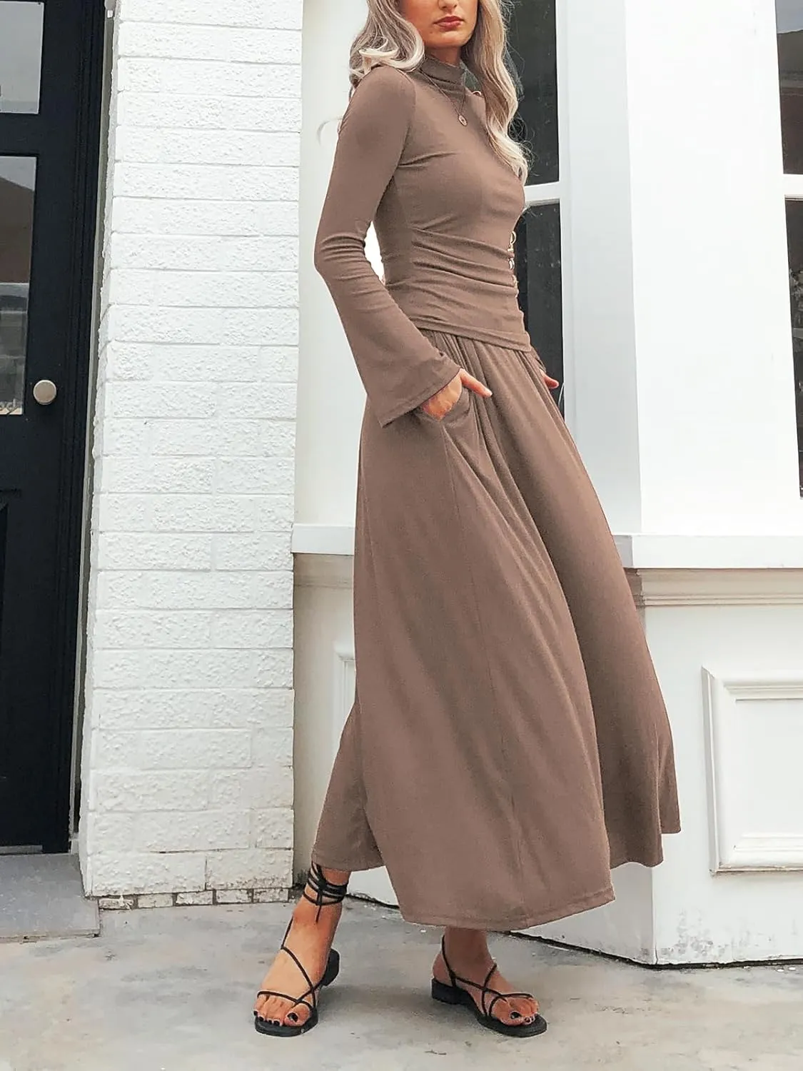 Long Sleeve Two Pieces Skirt Sets Women 2 Piece Outfits Casual Mock Neck Tops Swing Maxi Skirts Sets with Pockets