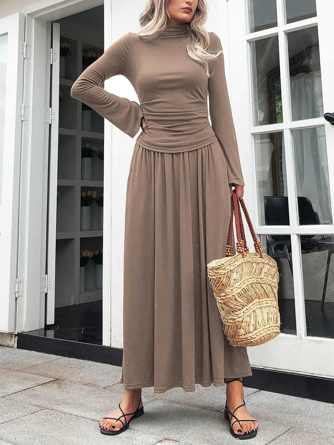 Long Sleeve Two Pieces Skirt Sets Women 2 Piece Outfits Casual Mock Neck Tops Swing Maxi Skirts Sets with Pockets