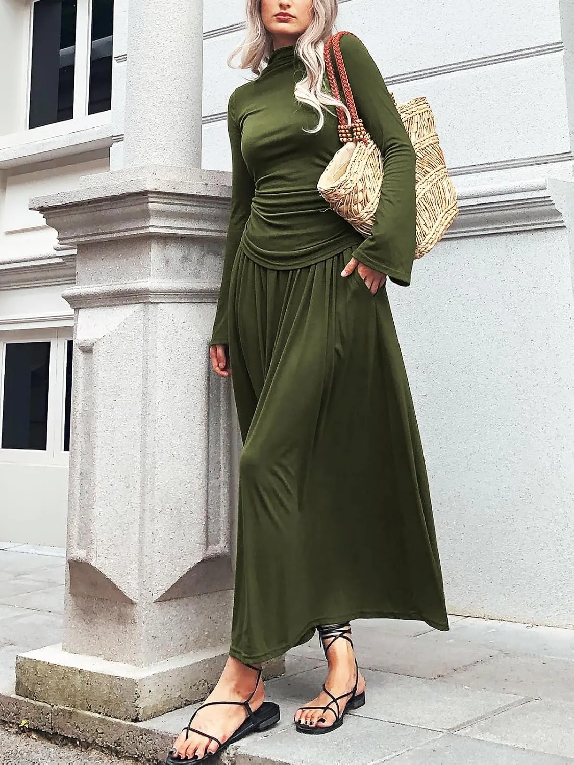 Long Sleeve Two Pieces Skirt Sets Women 2 Piece Outfits Casual Mock Neck Tops Swing Maxi Skirts Sets with Pockets