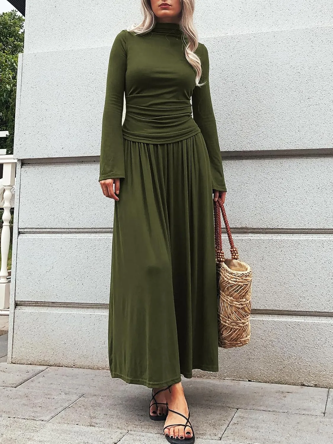 Long Sleeve Two Pieces Skirt Sets Women 2 Piece Outfits Casual Mock Neck Tops Swing Maxi Skirts Sets with Pockets
