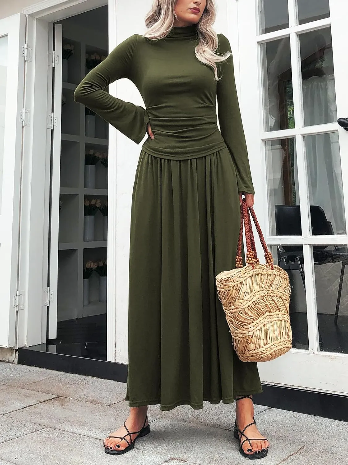 Long Sleeve Two Pieces Skirt Sets Women 2 Piece Outfits Casual Mock Neck Tops Swing Maxi Skirts Sets with Pockets