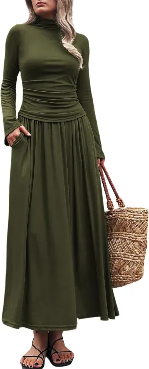 Long Sleeve Two Pieces Skirt Sets Women 2 Piece Outfits Casual Mock Neck Tops Swing Maxi Skirts Sets with Pockets