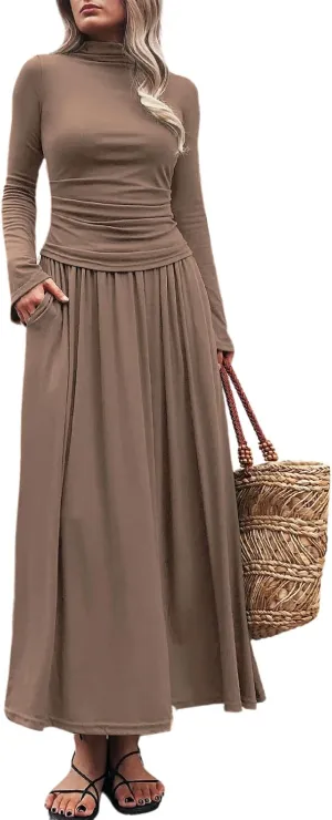 Long Sleeve Two Pieces Skirt Sets Women 2 Piece Outfits Casual Mock Neck Tops Swing Maxi Skirts Sets with Pockets