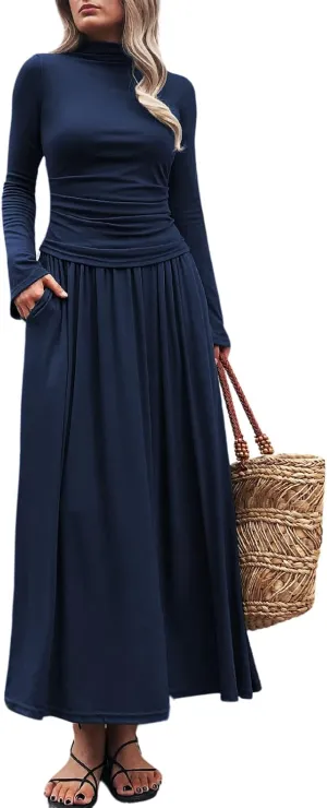 Long Sleeve Two Pieces Skirt Sets Women 2 Piece Outfits Casual Mock Neck Tops Swing Maxi Skirts Sets with Pockets