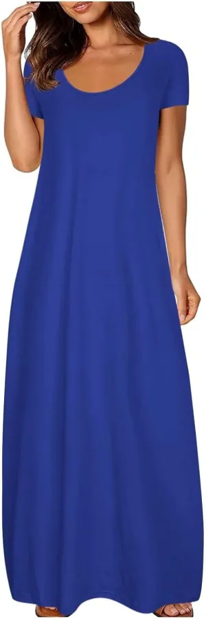 Loose Fit Plus Size Dresses for Curvy Women Short Sleeve Crew Neck Summer Beach Dresses Flowy Maxi Tshirt Sundresses